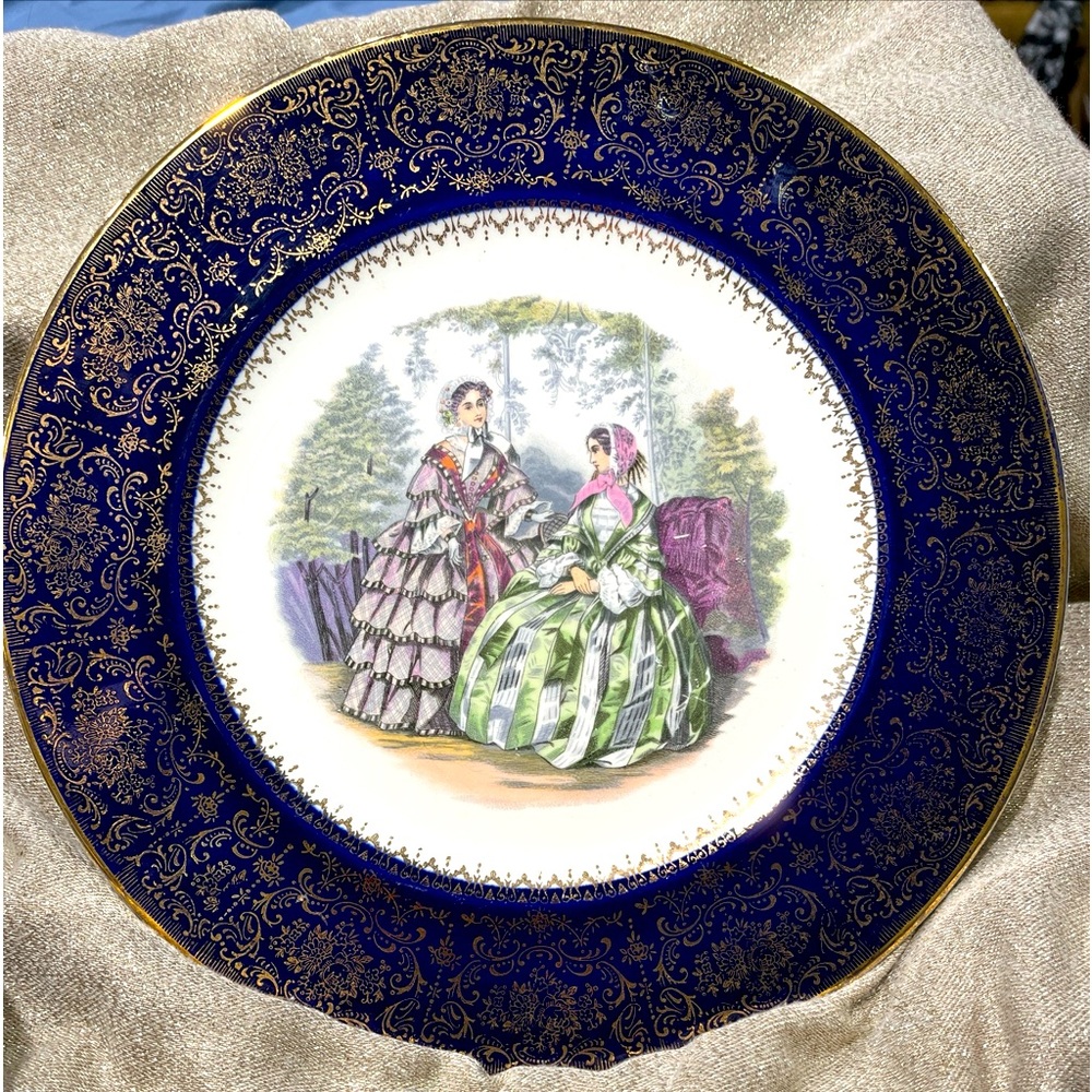 Imperial Salem Plate Victorian Ladies in Garden COBALT 23K Gold Trim Vintage